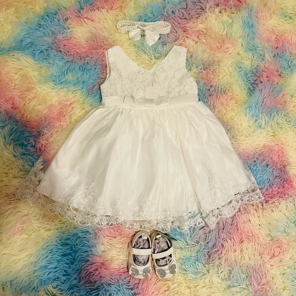 White Lace Baby Dress with Shoes and Hair Bow